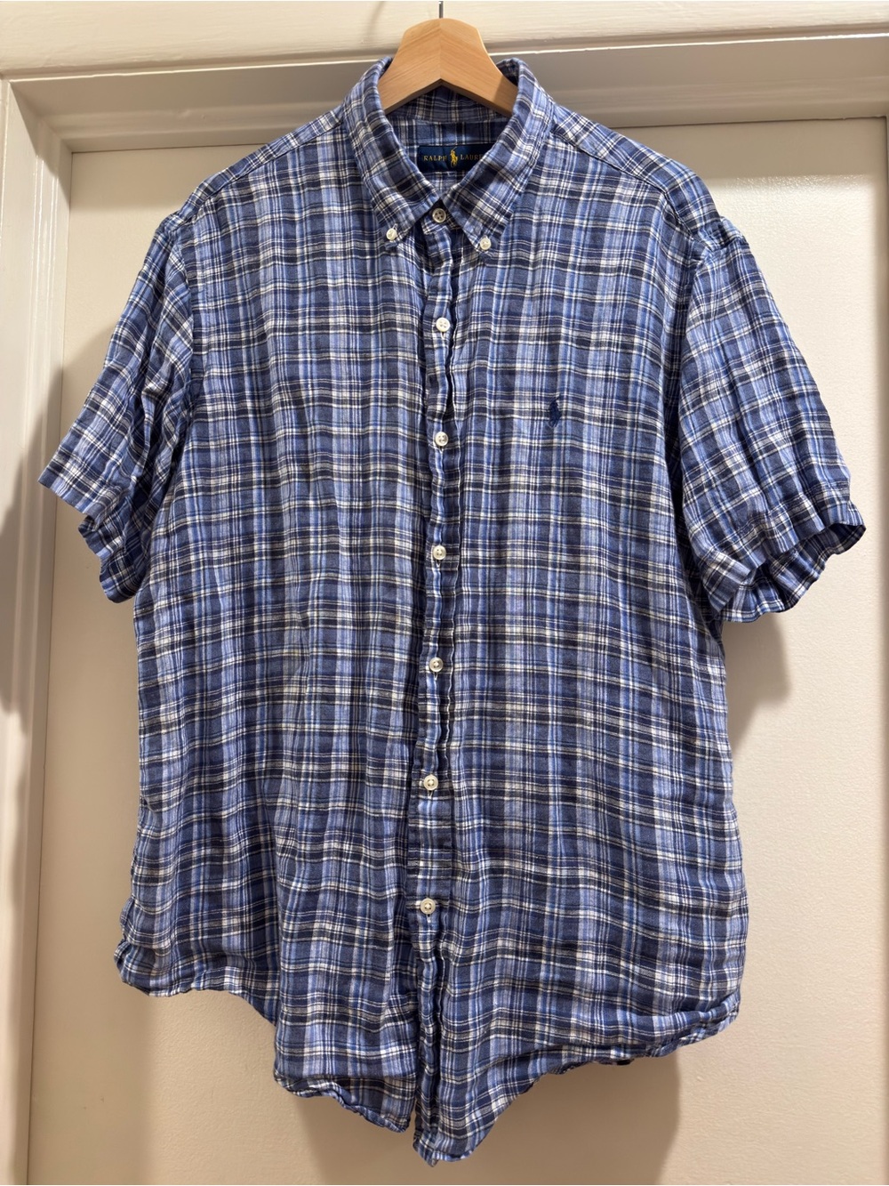 Polo by Ralph Lauren Linen Blue Plaid Short-Sleeve Button-Down Shirt